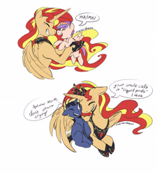 Size: 2671x2972 | Tagged: safe, artist:overlordneon, sunset shimmer, oc, oc:dusk eclipse, oc:nova dawn, alicorn, pony, adopted offspring, alicornified, colt, crying, dialogue, eyes closed, female, filly, magical lesbian spawn, male, mare, offspring, parent:sunset shimmer, parent:twilight sparkle, parents:sunsetsparkle, race swap, shimmercorn, simple background, smiling, speech bubble, tears of joy, white background