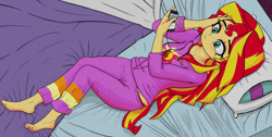 Size: 1024x516 | Tagged: safe, artist:nin10ja, sunset shimmer, equestria girls, barefoot, bed, clothes, dream theater, feet, headphones, ipod, music, pajamas, solo