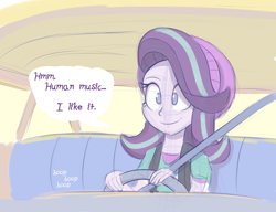 Size: 1300x1000 | Tagged: safe, artist:heir-of-rick, starlight glimmer, human, equestria girls, mirror magic, spoiler:eqg specials, beanie, car, clothes, colored sketch, driving, female, hat, jerry smith, music, parody, rick and morty, shirt, simulation, smiling, solo, speech bubble