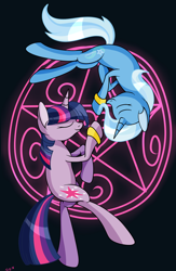 Size: 1300x2000 | Tagged: safe, artist:novaspark, trixie, twilight sparkle, unicorn twilight, pony, unicorn, black background, bracelet, eyes closed, female, jewelry, leg rings, lesbian, magic, magic circle, mare, pentagram, shipping, simple background, twixie, wedding ring