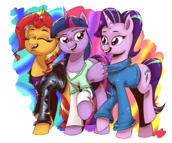 Size: 1303x1078 | Tagged: safe, artist:saturdaymorningproj, starlight glimmer, sunset shimmer, twilight sparkle, twilight sparkle (alicorn), alicorn, pony, unicorn, clothes, open mouth, raised hoof, sweater, trio