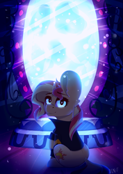 Size: 2480x3507 | Tagged: safe, artist:dino_horse, sunset shimmer, pony, unicorn, clothes, impossibly large ears, jacket, looking at you, magic mirror, mirror, portal, solo