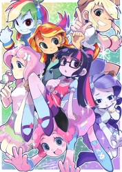 Size: 827x1169 | Tagged: safe, artist:ionaomichi, applejack, fluttershy, pinkie pie, rainbow dash, rarity, sci-twi, sunset shimmer, twilight sparkle, bird, equestria girls, cute, dashabetes, diapinkes, humane five, humane seven, humane six, jackabetes, looking at you, mane six, one eye closed, raribetes, shimmerbetes, shyabetes, twiabetes, wink