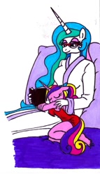 Size: 781x1364 | Tagged: safe, artist:killerteddybear94, princess cadance, princess celestia, alicorn, anthro, aunt and niece, bathrobe, book, breasts, clothes, cropped, cute, glasses, lidded eyes, momlestia, nightgown, pillow, ponytail, reading, robe, sideboob, size difference, sleeping, smiling, teen princess cadance, traditional art