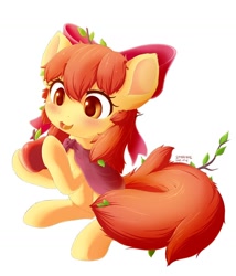 Size: 1280x1494 | Tagged: safe, artist:mochi2-arts, artist:symbianl, derpibooru import, apple bloom, earth pony, pony, adorabloom, apple, bow, cute, female, filly, food, hair bow, hair ribbon, messy mane, open mouth, simple background, solo, white background