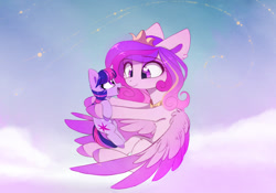 Size: 1043x729 | Tagged: safe, artist:magnaluna, princess cadance, twilight sparkle, alicorn, pegasus, pony, unicorn, alternate hairstyle, alternate universe, cute, female, filly, flying, heart eyes, sky, smiling, twiabetes, wingding eyes, younger