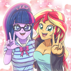 Size: 2514x2480 | Tagged: safe, artist:sumin6301, sci-twi, sunset shimmer, twilight sparkle, equestria girls, bowtie, breasts, clothes, cute, dress, duo, female, glasses, jacket, leather jacket, looking at you, peace sign, ponytail, shirt, smiling, sunset jiggler