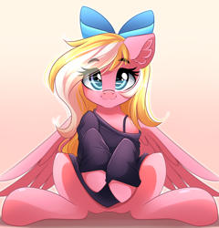 Size: 3193x3329 | Tagged: safe, artist:airiniblock, oc, oc only, oc:bay breeze, pegasus, pony, bow, clothes, commission, cute, featureless crotch, female, hair bow, happy, looking at you, mare, ocbetes, off shoulder, off shoulder sweater, rcf community, sitting, sweater