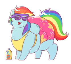 Size: 653x589 | Tagged: safe, artist:secretgoombaman12345, rainbow dash, pegasus, pony, tanks for the memories, chubby, clothes, fat, impossibly large butt, obese, plot, rainblob dash, shutter shades, simple background, solo, sunglasses, sunscreen, swimsuit, tight clothing, transparent background, winter swimsuit