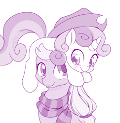 Size: 1000x1030 | Tagged: safe, artist:dstears, derpibooru import, part of a set, applejack, sweetie belle, earth pony, pony, unicorn, clothes, cowboy hat, cute, diasweetes, duo, female, filly, hat, mare, monochrome, pony hat, purple, scarf, simple background, white background