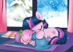 Size: 1935x1382 | Tagged: safe, artist:dsana, spike, twilight sparkle, unicorn twilight, dragon, pony, unicorn, adorable face, baby, baby dragon, baby spike, blanket, book, carpet, cuddling, curtains, cute, cutie mark, dsana is trying to murder us, duo, eyes closed, female, filly, filly twilight sparkle, glass door, hatchling, hug, male, mama twilight, nap, pacifier, pillow, sleeping, smiling, snow, snowfall, snuggling, spikabetes, spikelove, tail hug, tree, twiabetes, weapons-grade cute, window, younger