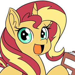 Size: 500x500 | Tagged: dead source, safe, artist:reiduran, sunset shimmer, pony, unicorn, book, colored, cute, ear fluff, female, filly, looking at you, open mouth, shimmerbetes, simple background, smiling, solo, white background, younger