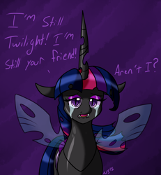 Size: 1200x1300 | Tagged: safe, artist:novaspark, twilight sparkle, changeling, changeling queen, changelingified, crying, female, grammar error, queen twilight, solo, species swap