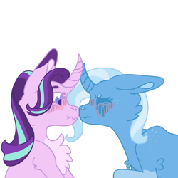 Size: 1280x1280 | Tagged: safe, artist:robinblood, derpibooru import, starlight glimmer, trixie, pony, unicorn, blushing, boop, chest fluff, curved horn, female, horn, lesbian, mare, noseboop, profile, scrunchy face, shipping, simple background, startrix, transparent background