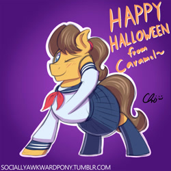 Size: 1000x1000 | Tagged: safe, artist:nekocrispy, caramel, clothes, costume, crossdressing, cute, halloween, ponytail, sailor uniform, school uniform, schoolgirl, skirt, socially awkward pony, socks, solo