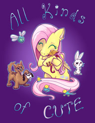 Size: 651x848 | Tagged: safe, artist:drknz13, derpibooru import, angel bunny, fluttershy, orthros, cockatrice, dog, manticore, parasprite, pegasus, pony, cute, multiple heads, shyabetes, two heads