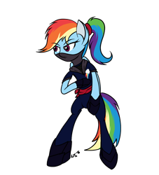 Size: 1000x1100 | Tagged: safe, artist:novaspark, rainbow dash, pegasus, pony, bipedal, clothes, female, mare, ninja, signature, simple background, solo, transparent background