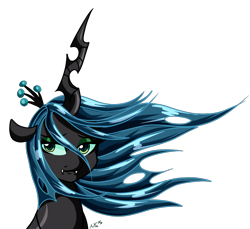 Size: 1200x1100 | Tagged: safe, artist:novaspark, queen chrysalis, changeling, changeling queen, bust, fangs, female, green eyes, horn, lidded eyes, signature, simple background, solo, transparent background, windswept mane