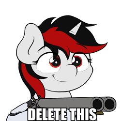 Size: 768x768 | Tagged: safe, artist:ljdamz1119, derpibooru import, edit, oc, oc only, oc:blackjack, cyborg, pony, unicorn, fallout equestria, fallout equestria: project horizons, caption, cyber legs, delet this, fallout, fanfic art, gun, image macro, level 1 (project horizons), meme, shotgun, simple background, solo, text, transparent background, weapon