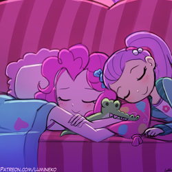 Size: 750x750 | Tagged: safe, artist:lumineko, gummy, lily pad (equestria girls), pinkie pie, better together, equestria girls, pinkie sitting, clothes, cute, duo, duo female, eyes closed, female, signature, sleeping, smiling, young