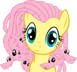 Size: 4851x4555 | Tagged: safe, artist:azure-vortex, derpibooru import, fluttershy, gorgon, monster pony, pegasus, pony, snake, absurd resolution, cute, fangs, female, forked tongue, greek mythology, looking at you, mare, medusashy, simple background, smiling, solo, transparent background, vector, wide eyes