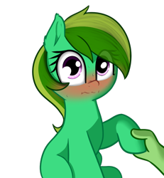 Size: 830x898 | Tagged: safe, artist:neuro, derpibooru import, oc, oc only, oc:anon, oc:coral, earth pony, human, pony, /mlp/, blushing, female, holding hooves, hoof hold, human on pony hoof holding, looking at you, mare, phonepones, simple background, sweat, transparent background