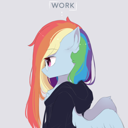 Size: 1000x1000 | Tagged: safe, artist:heddopen, derpibooru import, rainbow dash, pegasus, pony, semi-anthro, chest fluff, clothes, ear fluff, female, glasses, gray background, hoodie, long mane, profile, simple background, solo, wings