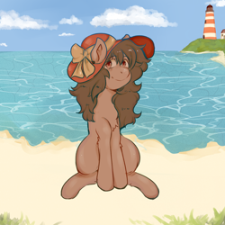 Size: 2000x2000 | Tagged: safe, artist:poofindi, oc, oc only, oc:chocolate pudding, earth pony, beach, cloud, female, grass, lighthouse, looking at you, mare, ocean, sitting, smiling, solo, sunhat