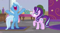 Size: 1920x1080 | Tagged: safe, derpibooru import, screencap, starlight glimmer, trixie, pony, unicorn, a horse shoe-in, bipedal, cheering, female, hooves in air, mare, nose in the air, open mouth, rearing, spreading, uvula