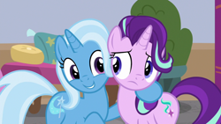 Size: 1920x1080 | Tagged: safe, derpibooru import, screencap, starlight glimmer, trixie, pony, unicorn, a horse shoe-in, duo, female, mare, side hug