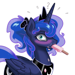Size: 8000x8000 | Tagged: safe, alternate version, artist:kp-shadowsquirrel, artist:parclytaxel, derpibooru exclusive, derpibooru import, edit, princess luna, alicorn, pony, .svg available, absurd resolution, alternate hairstyle, background removed, blushing, eating, emanata, embarrassed, female, food, looking at you, mare, messy eating, plewds, ponytail, popsicle, question mark, scrunchy face, shading, simple background, solo, sucking, surprised, sweat, transparent background, vector, wide eyes