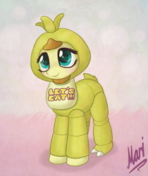 Size: 925x1102 | Tagged: safe, artist:marindashy, derpibooru import, fluttershy, pegasus, pony, chica, chicashy, clothes, costume, cute, five nights at freddy's, nightmare night, parody, shyabetes, solo, weapons-grade cute