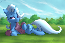 Size: 2700x1800 | Tagged: safe, artist:shido-tara, derpibooru import, trixie, pony, unicorn, canon, clothes, female, grass, hoodie, lidded eyes, looking at you, lying down, mare, prone, solo