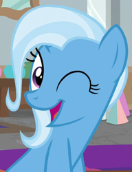 Size: 430x561 | Tagged: safe, derpibooru import, screencap, trixie, pony, unicorn, a horse shoe-in, cropped, cute, diatrixes, female, mare, one eye closed, solo, wink