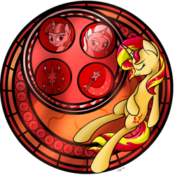 Size: 1500x1500 | Tagged: safe, artist:novaspark, sunset shimmer, trixie, twilight sparkle, pony, unicorn, crossover, dive to the heart, kingdom hearts, stained glass