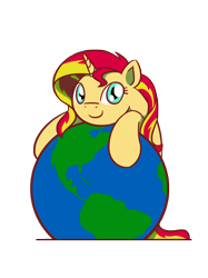 Size: 1280x1707 | Tagged: safe, artist:flutterluv, sunset shimmer, pony, unicorn, cute, earth, looking at you, macro, pony bigger than a planet, shimmerbetes, smiling, solo, sunset shimmer day, tangible heavenly object, weapons-grade cute