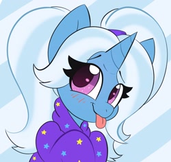 Size: 2793x2638 | Tagged: safe, artist:pegamutt, derpibooru import, trixie, pony, unicorn, :p, babysitter trixie, blushing, bust, clothes, cute, diatrixes, female, gameloft interpretation, high res, hoodie, mare, pigtails, solo, tongue out