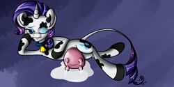 Size: 2000x1000 | Tagged: safe, artist:novaspark, rarity, cow, cow pony, unicorn, collar, cowbell, cowified, lactation, leaking, looking at you, milk, milk squirt, puddle, raricow, solo, species swap, udder, wink