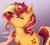 Size: 2804x2542 | Tagged: safe, artist:buttersprinkle, derpibooru import, sunset shimmer, human, pony, unicorn, abstract background, bacon hair, behaving like a cat, blushing, buttersprinkle is trying to murder us, cheek fluff, chest fluff, cute, daaaaaaaaaaaw, disembodied hand, ear fluff, eyelashes, eyes closed, female, fluffy, food, gradient background, gray background, hand, mare, neck fluff, offscreen character, offscreen human, onomatopoeia, purring, scratching, shimmerbetes, simple background, smiling, solo focus, sound effects, wavy mouth, weapons-grade cute