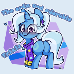 Size: 1500x1500 | Tagged: safe, artist:lou, derpibooru import, trixie, pony, unicorn, adorasexy, alternate hairstyle, babysitter trixie, blushing, butt, clothes, cute, diatrixes, female, heart, hoodie, looking at you, mare, pigtails, plot, sexy, smiling, solo