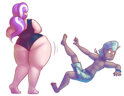 Size: 851x659 | Tagged: safe, artist:secretgoombaman12345, diamond tiara, thunderlane, human, chubby, clothes, diamond thighara, fat, humanized, swimsuit, wide hips