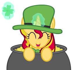 Size: 509x491 | Tagged: safe, artist:comfydove, artist:heartwarmer-mlp, artist:lil-lovey, sunset shimmer, pony, unicorn, bowtie, clover, cute, eyes closed, female, four leaf clover, glowing horn, hat, magic, mare, open mouth, pot of gold, saint patrick's day, shimmerbetes, smiling, solo, telekinesis