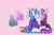 Size: 1500x1000 | Tagged: safe, artist:amethesaladhair, derpibooru import, starlight glimmer, trixie, bear, pony, unicorn, ursa, ursa major, ursa minor, babysitter trixie, clothes, female, glowing horn, heart, hoodie, horn, lesbian, lesbian pride flag, pigtails, pink background, pride, pride flag, shipping, simple background, sitting, stars, startrix, sticker, twintails