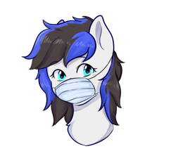 Size: 1800x1600 | Tagged: safe, artist:poofindi, oc, oc only, oc:black ice, pony, bust, commission, coronavirus, covid-19, face mask, female, mare, mask, ppe, simple background, solo, surgical mask, transparent background, two toned mane, ych result, your character here