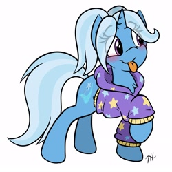 Size: 1600x1600 | Tagged: safe, alternate version, artist:fakskis, derpibooru import, trixie, pony, unicorn, :p, alternate hairstyle, babysitter trixie, blushing, chest fluff, clothes, cute, cutie mark, diatrixes, eye clipping through hair, female, gameloft, gameloft interpretation, hoodie, horn, mare, pigtails, simple background, solo, tongue out, twintails, white background