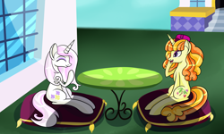 Size: 1280x768 | Tagged: safe, artist:novaspark, fleur-de-lis, tropical dream, pony, unicorn, canterlot, pillow, sitting, table