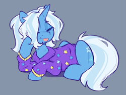 Size: 973x731 | Tagged: safe, artist:crimmharmony, derpibooru import, trixie, pony, unicorn, alternate hairstyle, babysitter trixie, clothes, cute, diatrixes, eyes closed, female, hoodie, mare, prone, simple background, sketch, solo, tongue out