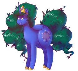 Size: 971x877 | Tagged: safe, artist:secretgoombaman12345, princess celestia, twilight sparkle, alicorn, hybrid, pony, berrylestia, blueberry, chubby, corrupted, crown, cutie mark, inflation, leaves, solo