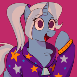 Size: 540x537 | Tagged: safe, artist:theuselessgarbage, derpibooru import, trixie, babysitter trixie, chest fluff, clothes, gameloft interpretation, jacket, no pupils, open mouth, ponytail, purple background, raised hoof, simple background, solo