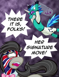 Size: 720x937 | Tagged: safe, artist:texasuberalles, derpibooru import, dj pon-3, octavia melody, vinyl scratch, earth pony, pony, unicorn, armpits, bass clef, bowtie, duo, falling, female, folding chair, hoof hold, jumping, looking back, lucha libre, luchador, mare, mask, open mouth, speech bubble, sports, this will end in pain, wrestling